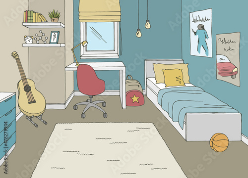 Teenager room graphic color home interior sketch illustration vector