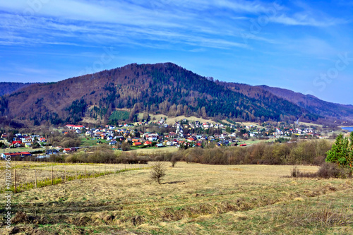View of Uscie Gorlickie - village in the Beskid Niski by the Klimkowka Lake, Poland