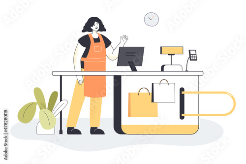 Woman cashier at checkout in shop or supermarket on white background. Friendly female worker wearing uniform at cash register in market flat vector illustration. Shopping and payment concept