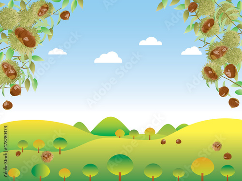 栗の木と山の風景のイラスト