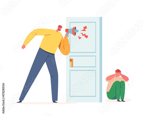 Aggressive Father Yell in Megaphone on Little Boy Hiding behind of Room Door. Characters Parent and Child in Conflict