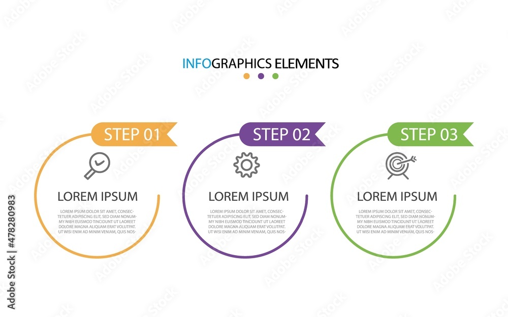 3 steps, option or levels line infographic with label. Timeline info graphic. Business presentation, information brochure, banner, workflow layout template. Vector illustration. Eps10