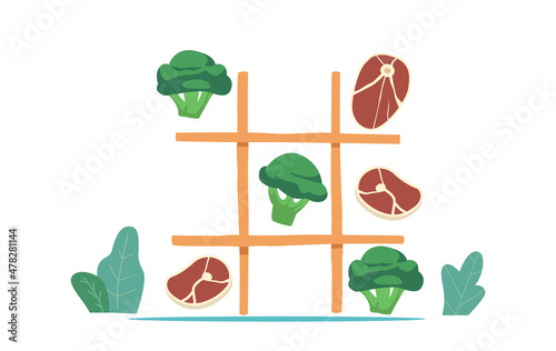 Vegetarian or Meaty Nutrition Choice. Concept with Noughts and Crosses Game with Healthy and Unhealthy Products