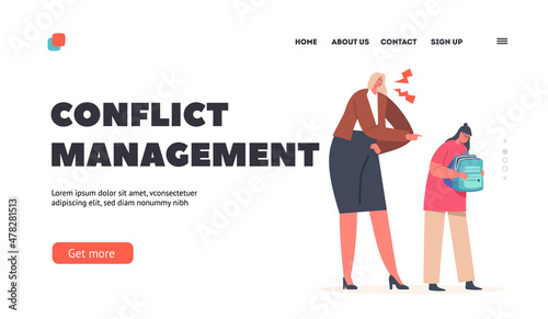 Conflict Management Landing Page Template. Family Characters Mother and Daughter Arguing, Angry Woman Blaming