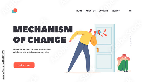 Family Parent and Child in Conflict Landing Page Template. Father Yell in Megaphone on Little Boy Hiding behind of Door