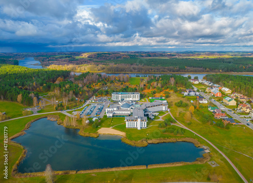 Aerial panoramic view of SPA resort Birstonas city in Lithuania on Nemunas shore