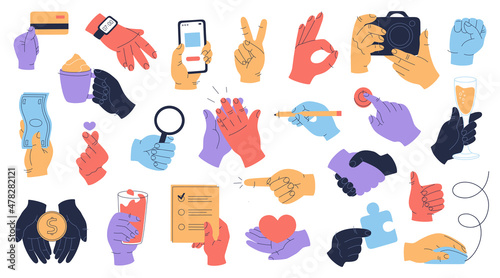 Colourful hands collection with different stuff, clock, phone, credit card, coin, camera, wine glass, heart and various gestures. Vector illustration isolated on white background. Flat cartoon style.