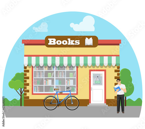Fototapeta Naklejka Na Ścianę i Meble -  Bookstore, realistic bookstore icon on blue sky background. A man with a bicycle reads a book near the store. Vector illustration.