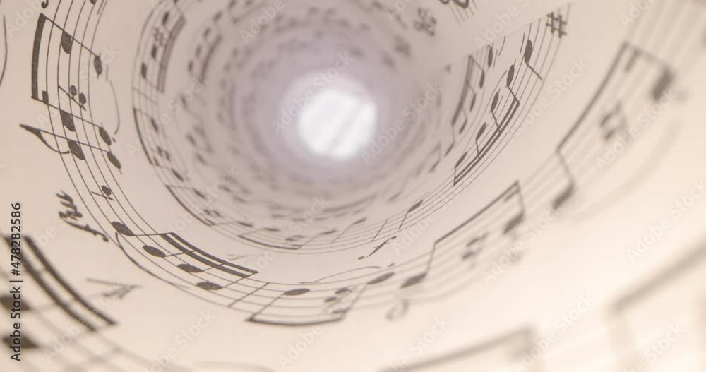 Closeup sheet music. The camera glides over the score - perspective view, close-up, musical notes around. Musical background Closeup sheet music. The camera glides over the score - perspective view, close-up, musical notes around. Musical background