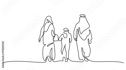 Arabian family mom, dad and son walking together. Islamic muslim happy family parenting concept.