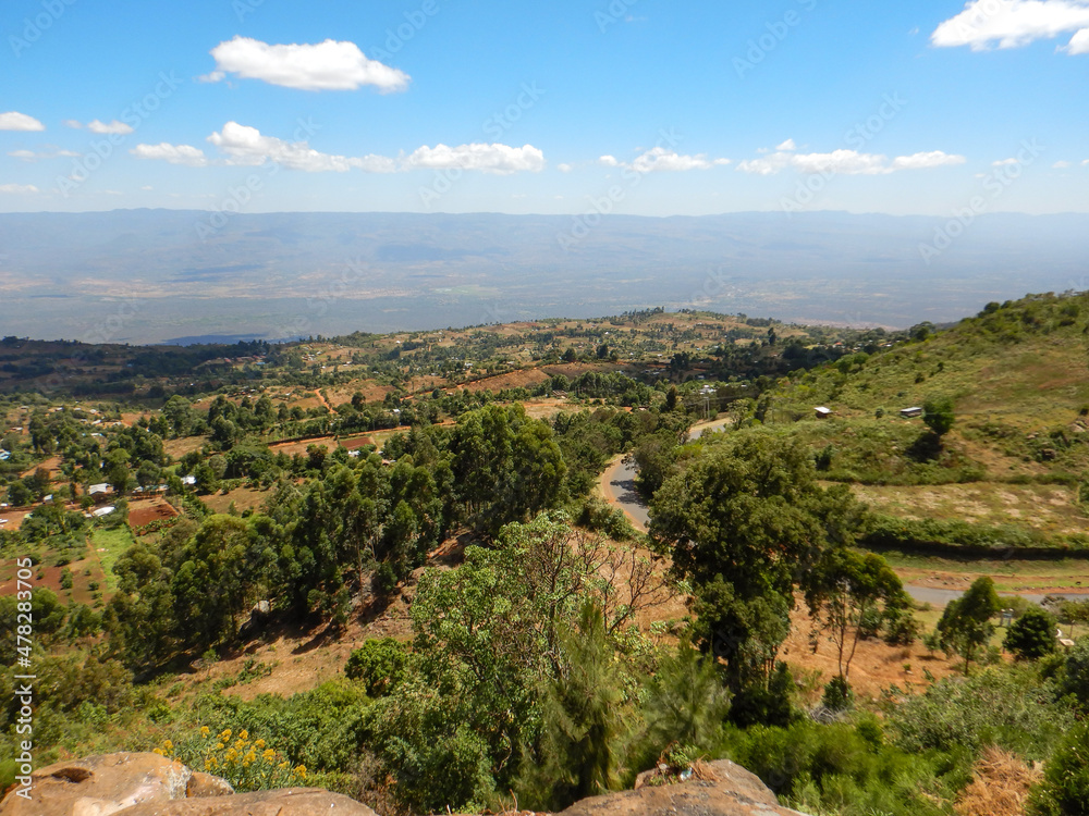 Aerial view of valley amidst mountains in Iten Township in rural Kenya