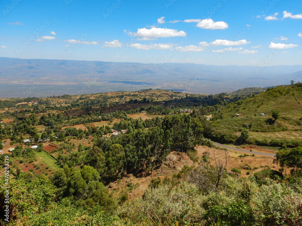 Aerial view of valley amidst mountains in Iten Township in rural Kenya