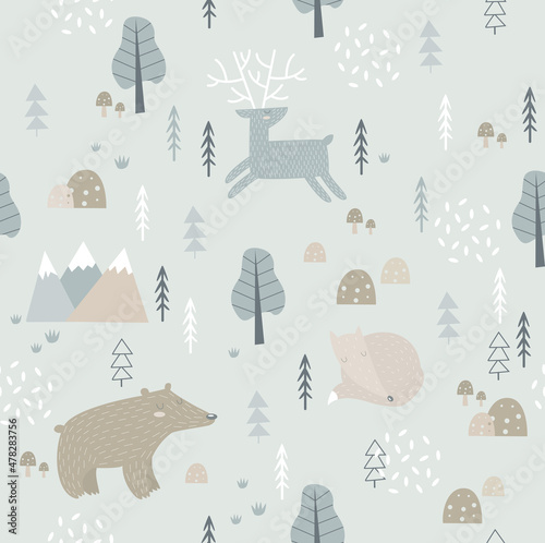 Print. Vector forest winter background with animals. Cartoon forest animals. Scandinavian background. Christmas blue background
