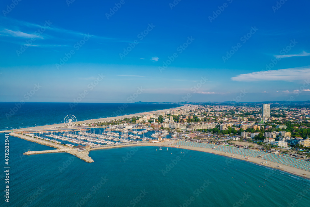 Aerial photo of the coastline and marina of the resort of Rimini