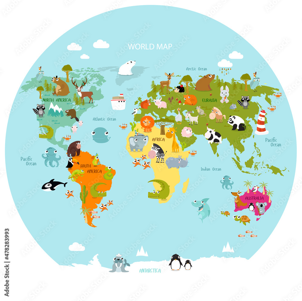 Fototapeta Print. Vector map of the world with cartoon animals for kids. Eurasia, South America, North America, Australia and Africa. 