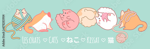 A vector illustration with cute kawaii round-shaped cats, playing with balls of yarn; and a word “cat” in different languages. For banners, pet shops and animal shelters. 