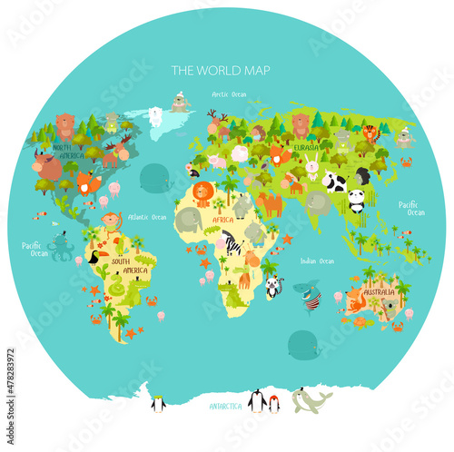 Print. Vector map of the world with cartoon animals for kids. Eurasia, South America, North America, Australia and Africa. 