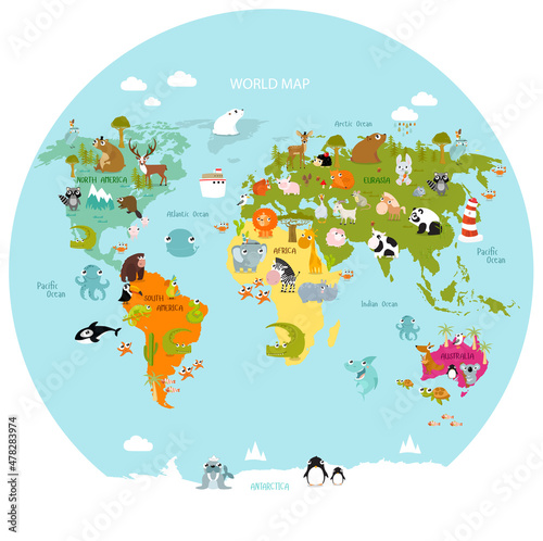 Print. Map of the world with cartoon animals for kids. Eurasia, South America, North America, Australia and Africa. 