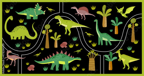 Print. Vector black tropical maze with dinosaurs in a jurassic park. Cartoon dinosaurs. Game for children. Children's play mat. tyrannosaurus, pterodactyl, brachiosaurus, tricerathorps
