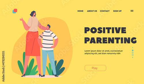 Positive Parenting Landing Page Template. Childhood, Weekend Sparetime Recreation. Happy Family Characters Mom and Son