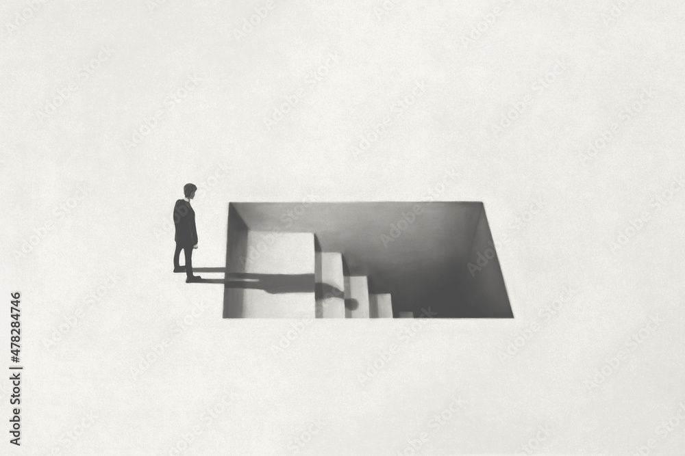 © fran_kie - illustration of man getting downstairs, fear of the dark surreal concept