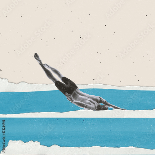 Contemporary art collage. Sportive young man diving into torn paper water isolated over pastel background with dust effect photo