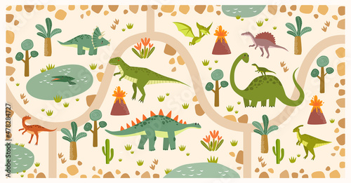 Print. Vector tropical maze with dinosaurs in a jurassic park. Cartoon dinosaurs. Road in jurassic park. Game for children. Children's play mat. tyrannosaurus, pterodactyl, brachiosaurus, tricerathorp