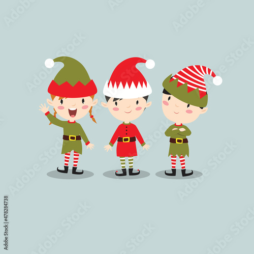 Print. Vector set of funny cartoon elves. Little people. Santa's helpers.