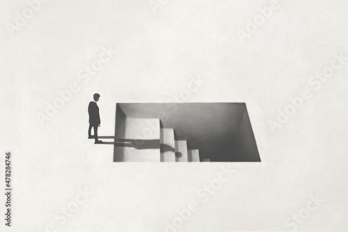 illustration of man getting downstairs, fear of the dark surreal concept photo