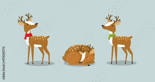 Print. Vector set of cartoon deer. The deer is sleeping, the deer is standing. Fawns.