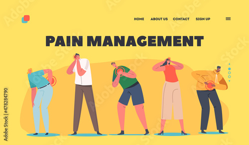 Pain Management Landing Page Template. People Suffer of Different Aches in Body Parts Stomach, Back, Head and Heart