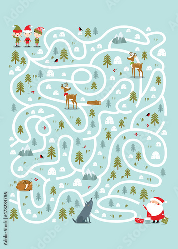 Print. New Year's maze. A game for children. Santa's helpers.