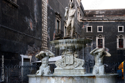 Fontana dell Amenano, Amenano Fountain by Neapolitan sculptor Tito Angelini (1867), UNESCO World Heritage Site, Piazza del Duomo, Catania, Sicily, Italy, Europe photo