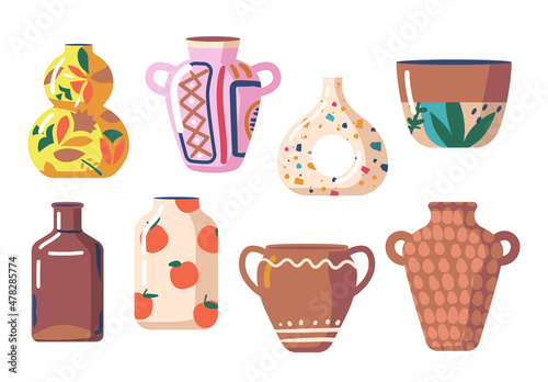 Set of Ceramic Vases, Colored Ceramics Objects, Antique and Modern Pottery Cups Collection with Abstract Patterns