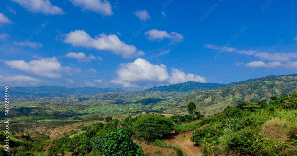 Panoramic View to the Green Trees and Mountains under Cloudy Blue Sky of the Omo River Valley, Ethiopia