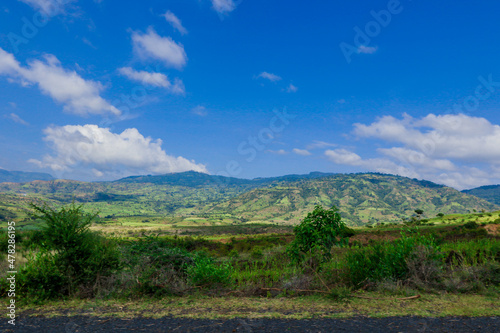 Panoramic View to the Green Trees and Mountains under Cloudy Blue Sky of the Omo River Valley  Ethiopia