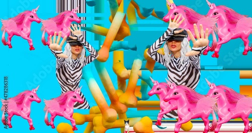 Looped 4k animation. 2d, 3d Crazy chaos mix of fashion objects and characters. Ideal creative modern clip for music background .