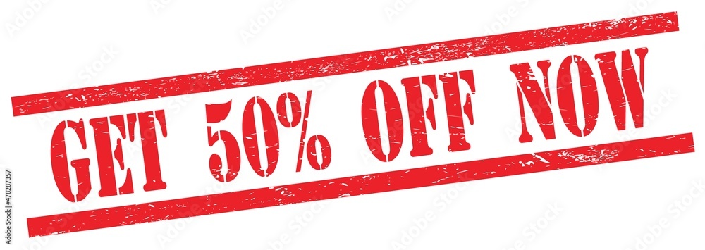 GET 50% OFF NOW text on red grungy rectangle stamp. GET 50% OFF NOW text on red grungy rectangle stamp.
