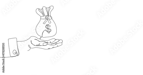 Animated continuous one line drawing of hand holding money bag with dollar. Business and Finance Concept