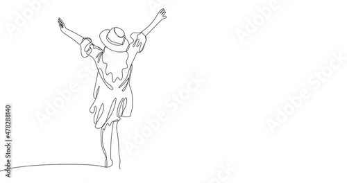 Animated continuous one line drawing of Happy woman in hat standing and stretching two hands towards sky. Concept of freedom, happiness, relaxation