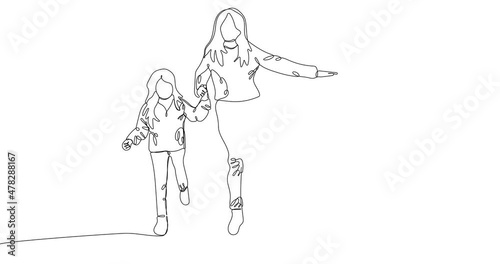 Animated continuous one line drawing of Happy people. Smiling mother and daughter are enjoying life
