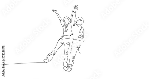 Animated continuous one line drawing of Group of young happy people. Smiling young man and woman are enjoying life