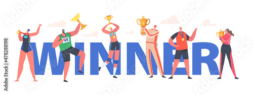 Winner, Victory Concept. Champion, Winner, Young Smiling Happy Sportsmen and Sportswomen Holding Golden Trophy in Hands