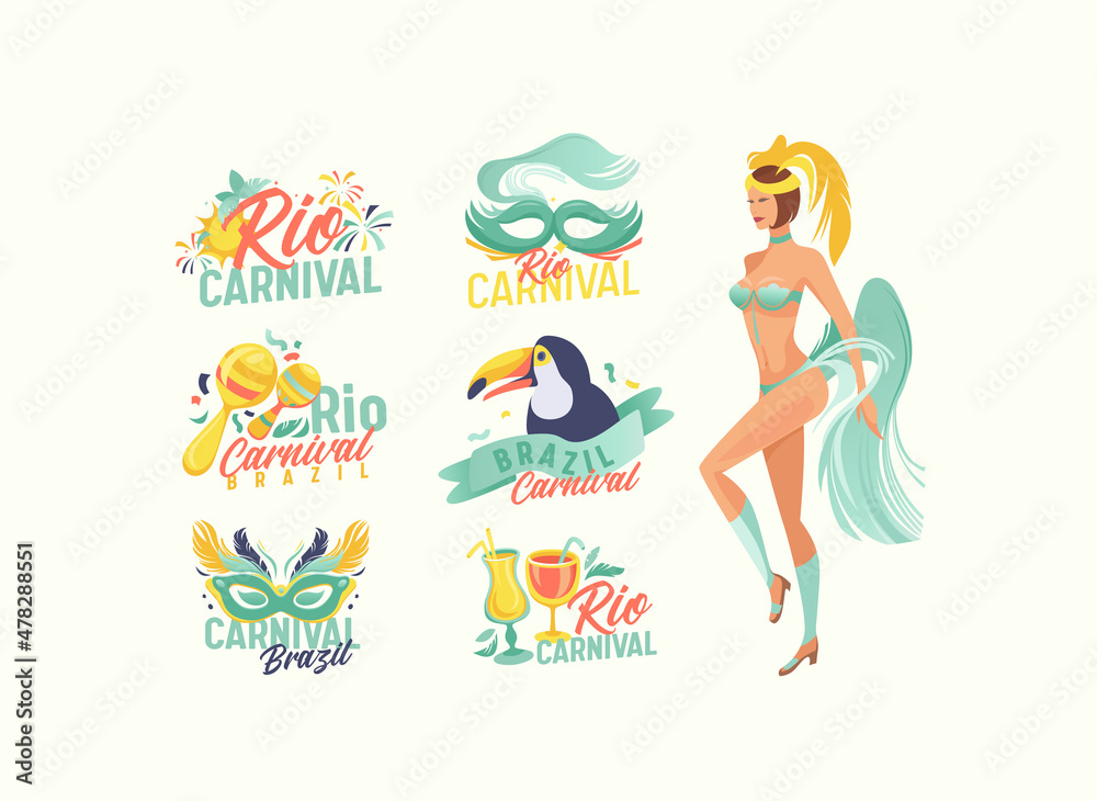 Set of Rio Carnival Emblems, Brazil Festival Entertainment Banners with Fireworks, Mask, Toucan Bird, Cocktail and Woman