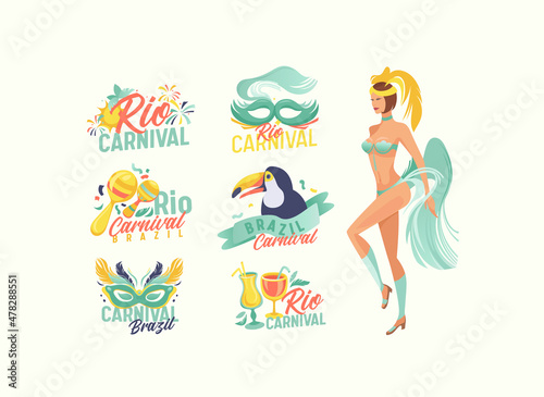 Set of Rio Carnival Emblems, Brazil Festival Entertainment Banners with Fireworks, Mask, Toucan Bird, Cocktail and Woman