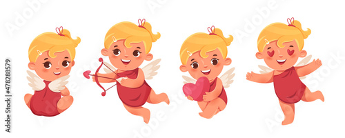 Funny cupid, little angels or amur. Cute little kids with heart. Romantic vector cartoon characters.