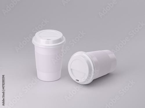 3d render two white plastic coffee cup mockup template photos with white background