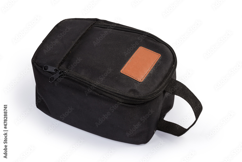 Small black textile bag with textile handle on white background