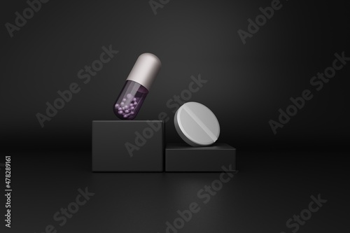 Two-piece capsule and silver  round pill on pedestals on a dark background. Modern medical 3D design wallpaper