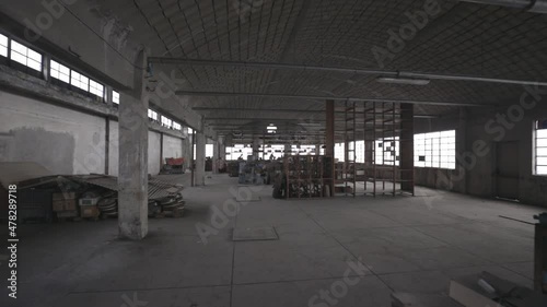 Interior of an abandoned industrial building.
Shelf and old stuff.